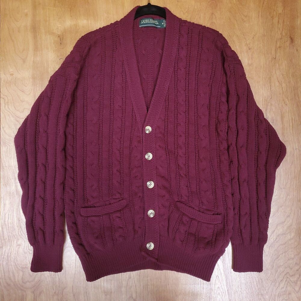 VTG Cable Knit Cardigan Sweater Mens M Burgundy Cotton Chunky Fisherman Grandpa